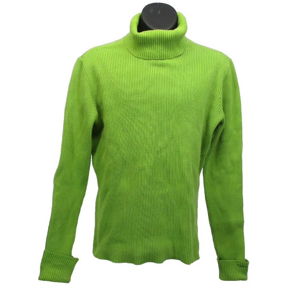 Tommy Hilfiger Vtge  Classique Lime Olive Green Turtle Neck Cable Knit Sweater S